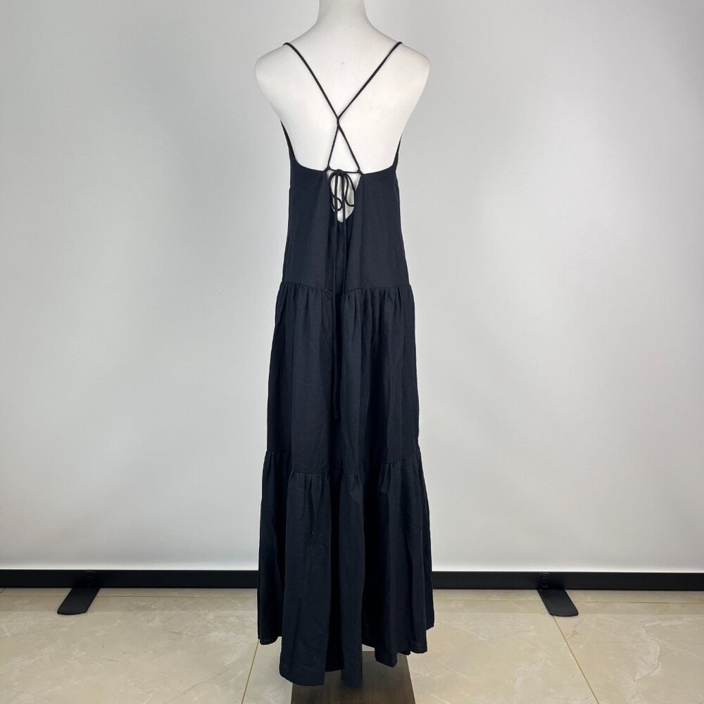 NWOT Farm Rio Linen Blend Black Sleeveless Layer Tiered Maxi Dress Size L - Picture 8 of 15